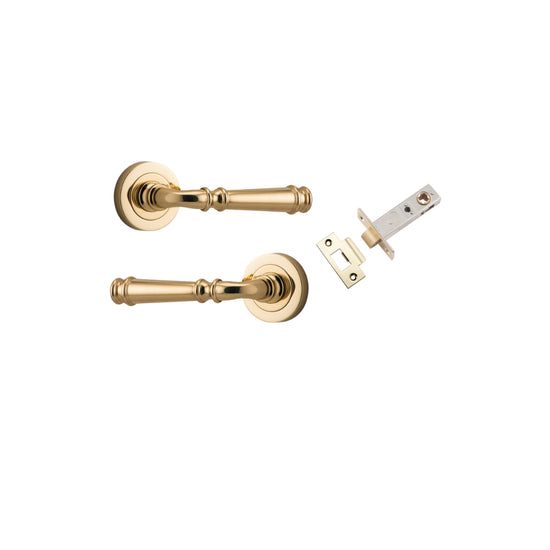 Door Lever Verona Round Rose Pair Polished Brass D52xP59mm Passage Kit, Tube Latch Split Cam 'T' Striker Polished Brass Backset 60mm in Polished Brass