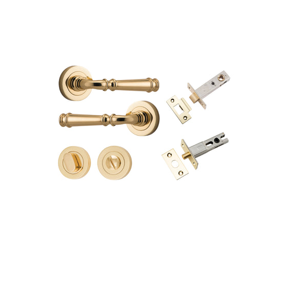 Door Lever Verona Round Rose Pair Polished Brass D52xP59mm Privacy Kit, Tube Latch Split Cam 'T' Striker Polished Brass Backset 60mm, Privacy Bolt Round Bolt Polished Brass Backset 60mm, Privacy Turn Oval Concealed Fix Round Polished Brass D52xP23mm in Po