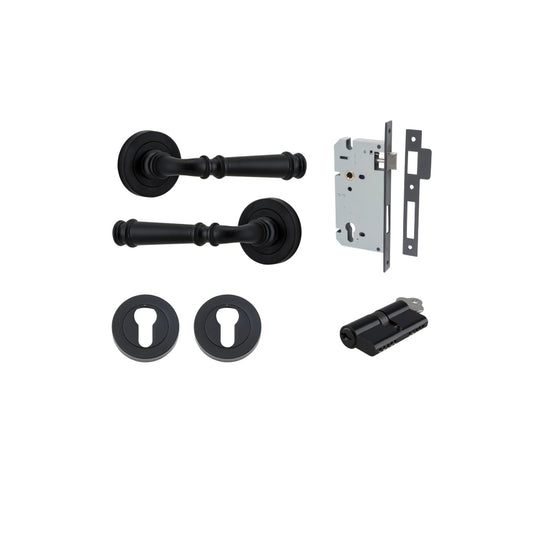 Door Lever Verona Round Rose Pair Matt Black D52xP59mm Entrance Kit, Mortice Lock Euro Matt Black CTC85mm Backset 60mm, Euro Cylinder Dual Function 5 Pin Matt Black L65mm KA1, Escutcheon Euro Concealed Fix Round Pair Matt Black D52xP10mm in Matt Black