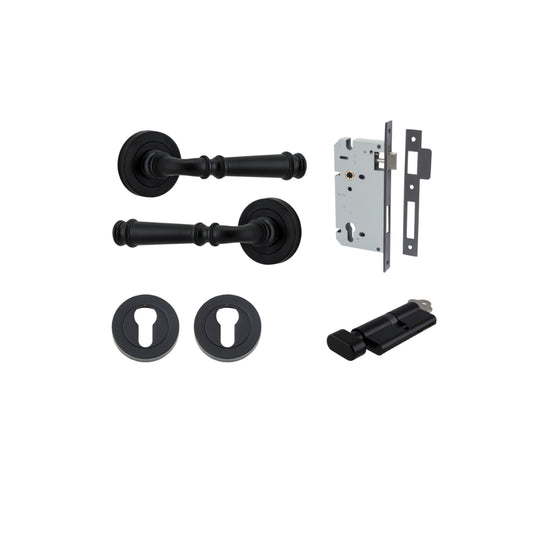 Door Lever Verona Round Rose Pair Matt Black D52xP59mm Entrance Kit, Mortice Lock Euro Matt Black CTC85mm Backset 60mm, Euro Cylinder Key Thumb 6 Pin Matt Black L70mm KA1, Escutcheon Euro Concealed Fix Round Pair Matt Black D52xP10mm in Matt Black