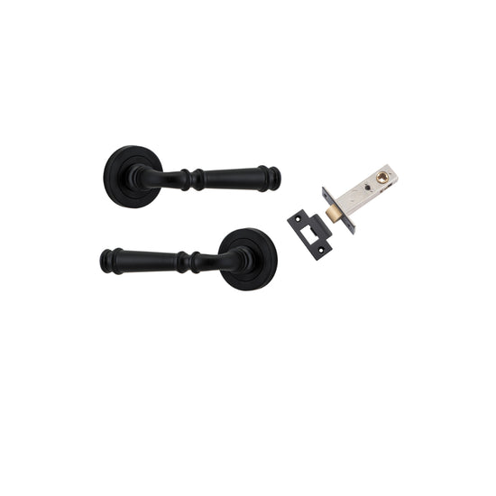 Door Lever Verona Round Rose Pair Matt Black D52xP59mm Passage Kit, Tube Latch Split Cam 'T' Striker Matt Black Backset 60mm in Matt Black