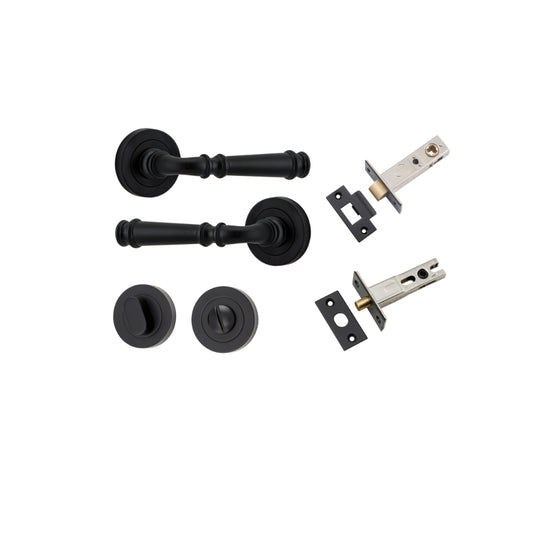 Door Lever Verona Round Rose Pair Matt Black D52xP59mm Privacy Kit, Tube Latch Split Cam 'T' Striker Matt Black Backset 60mm, Privacy Bolt Round Bolt Matt Black Backset 60mm, Privacy Turn Oval Concealed Fix Round Matt Black D52xP23mm in Matt Black