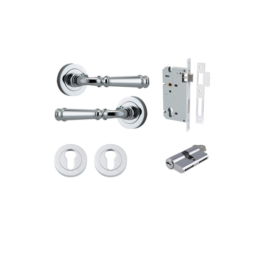 Door Lever Verona Round Rose Pair Polished Chrome D52xP59mm Entrance Kit, Mortice Lock Euro Polished Chrome CTC85mm Backset 60mm, Euro Cylinder Dual Function 5 Pin Polished Chrome L65mm KA1, Escutcheon Euro Concealed Fix Round Pair Polished Chrome… in Pol