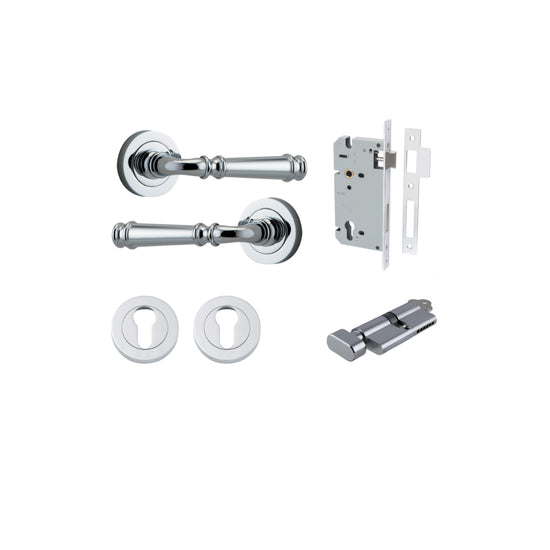 Door Lever Verona Round Rose Pair Polished Chrome D52xP59mm Entrance Kit, Mortice Lock Euro Polished Chrome CTC85mm Backset 60mm, Euro Cylinder Key Thumb 6 Pin Polished Chrome L70mm KA1, Escutcheon Euro Concealed Fix Round Pair Polished Chrome D52… in Pol