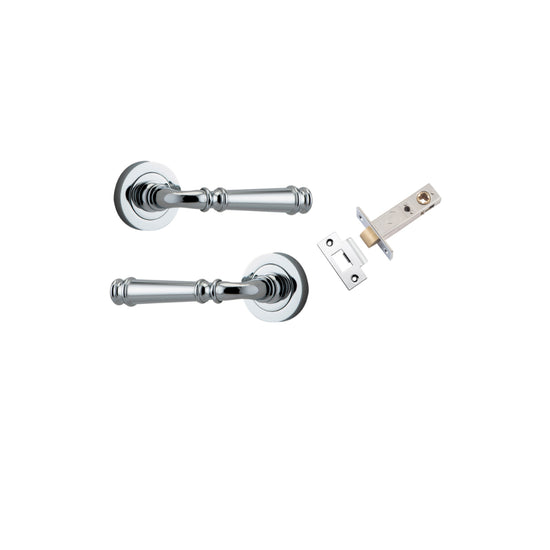 Door Lever Verona Round Rose Pair Polished Chrome D52xP59mm Passage Kit, Tube Latch Split Cam 'T' Striker Polished Chrome Backset 60mm in Polished Chrome