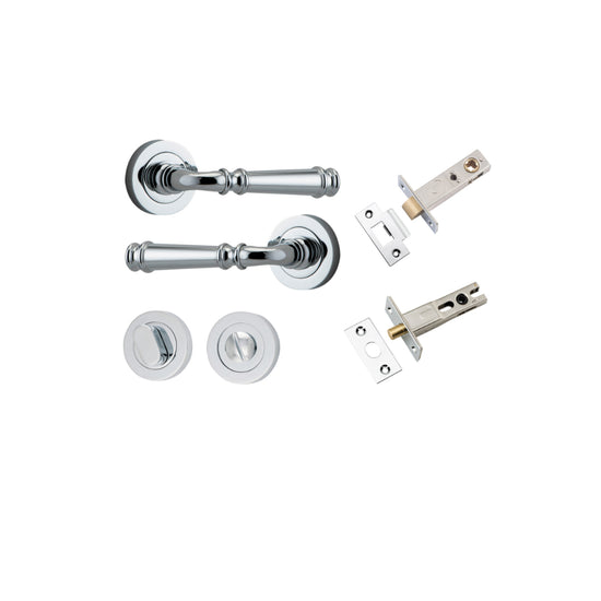 Door Lever Verona Round Rose Pair Polished Chrome D52xP59mm Privacy Kit, Tube Latch Split Cam 'T' Striker Polished Chrome Backset 60mm, Privacy Bolt Round Bolt Polished Chrome Backset 60mm, Privacy Turn Oval Concealed Fix Round Polished Chrome D52… in Pol