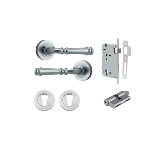 Door Lever Verona Round Rose Pair Brushed Chrome D52xP59mm Entrance Kit, Mortice Lock Euro Brushed Chrome CTC85mm Backset 60mm, Euro Cylinder Dual Function 5 Pin Brushed Chrome L65mm KA1, Escutcheon Euro Concealed Fix Round Pair Brushed Chrome D52… in Bru