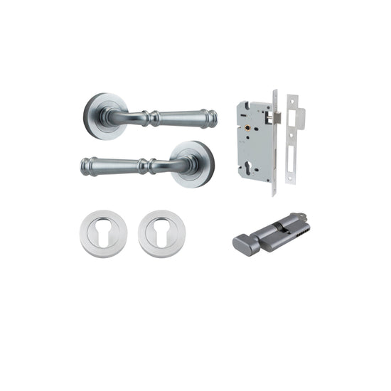 Door Lever Verona Round Rose Pair Brushed Chrome D52xP59mm Entrance Kit, Mortice Lock Euro Brushed Chrome CTC85mm Backset 60mm, Euro Cylinder Key Thumb 6 Pin Brushed Chrome L70mm KA1, Escutcheon Euro Concealed Fix Round Pair Brushed Chrome D52xP10mm in Br