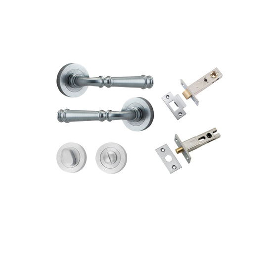 Door Lever Verona Round Rose Pair Brushed Chrome D52xP59mm Privacy Kit, Tube Latch Split Cam 'T' Striker Brushed Chrome Backset 60mm, Privacy Bolt Round Bolt Brushed Chrome Backset 60mm, Privacy Turn Oval Concealed Fix Round Brushed Chrome D52xP23mm in Br