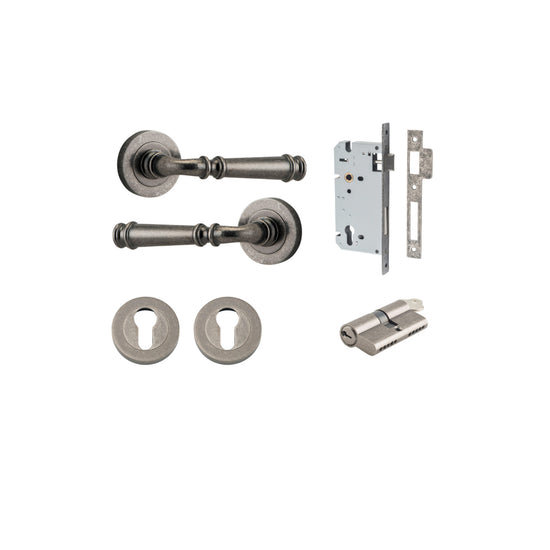 Door Lever Verona Round Rose Pair Distressed Nickel D52xP59mm Entrance Kit, Mortice Lock Euro Distressed Nickel CTC85mm Backset 60mm, Euro Cylinder Dual Function 5 Pin Distressed Nickel L65mm KA1, Escutcheon Euro Concealed Fix Round Pair Distresse… in Dis