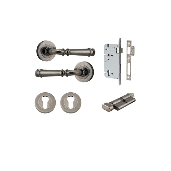 Door Lever Verona Round Rose Pair Distressed Nickel D52xP59mm Entrance Kit, Mortice Lock Euro Distressed Nickel CTC85mm Backset 60mm, Euro Cylinder Key Thumb 6 Pin Distressed Nickel L70mm KA1, Escutcheon Euro Concealed Fix Round Pair Distressed Ni… in Dis