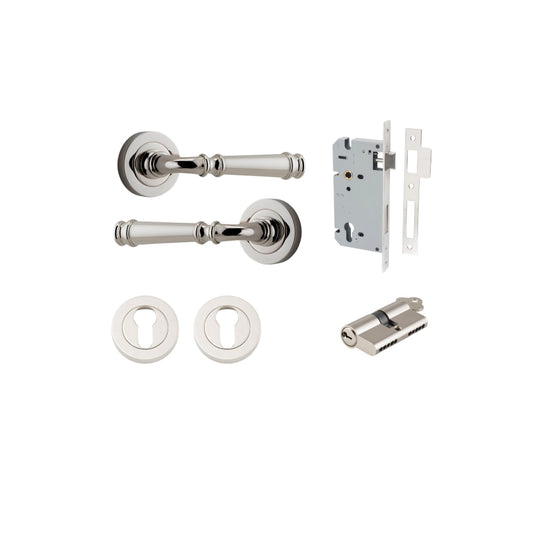 Door Lever Verona Round Rose Pair Polished Nickel D52xP59mm Entrance Kit, Mortice Lock Euro Polished Nickel CTC85mm Backset 60mm, Euro Cylinder Dual Function 5 Pin Polished Nickel L65mm KA1, Escutcheon Euro Concealed Fix Round Pair Polished Nickel… in Pol