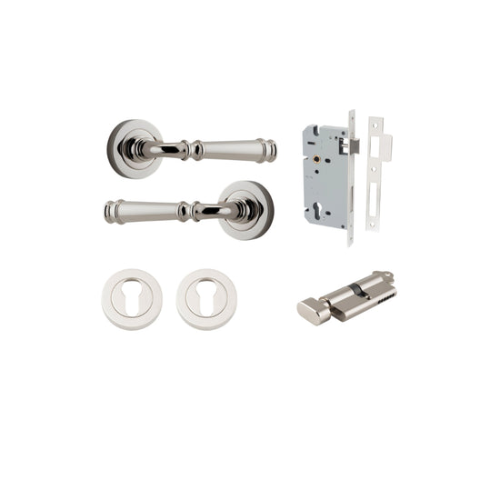 Door Lever Verona Round Rose Pair Polished Nickel D52xP59mm Entrance Kit, Mortice Lock Euro Polished Nickel CTC85mm Backset 60mm, Euro Cylinder Key Thumb 6 Pin Polished Nickel L70mm KA1, Escutcheon Euro Concealed Fix Round Pair Polished Nickel D52… in Pol