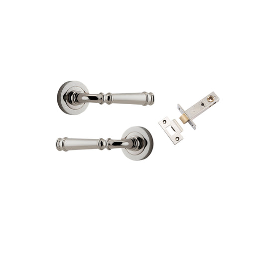 Door Lever Verona Round Rose Pair Polished Nickel D52xP59mm Passage Kit, Tube Latch Split Cam 'T' Striker Polished Nickel Backset 60mm in Polished Nickel