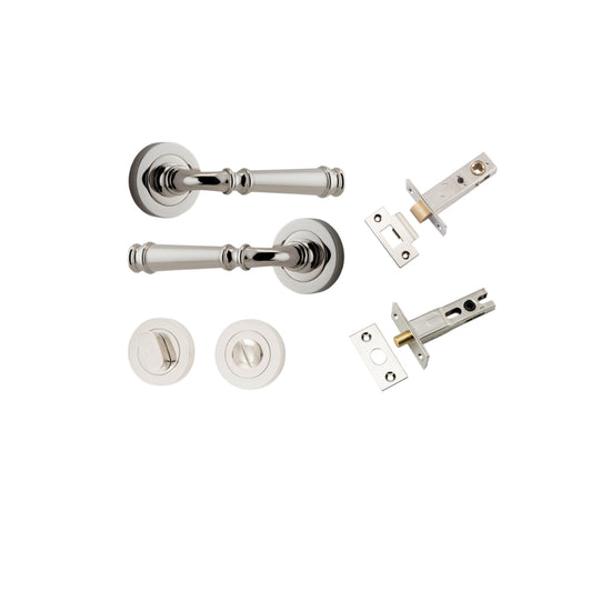 Door Lever Verona Round Rose Pair Polished Nickel D52xP59mm Privacy Kit, Tube Latch Split Cam 'T' Striker Polished Nickel Backset 60mm, Privacy Bolt Round Bolt Polished Nickel Backset 60mm, Privacy Turn Oval Concealed Fix Round Polished Nickel D52… in Pol