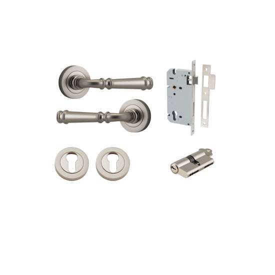 Door Lever Verona Round Rose Pair Satin Nickel D52xP59mm Entrance Kit, Mortice Lock Euro Satin Nickel CTC85mm Backset 60mm, Euro Cylinder Dual Function 5 Pin Satin Nickel L65mm KA1, Escutcheon Euro Concealed Fix Round Pair Satin Nickel D52xP10mm in Satin