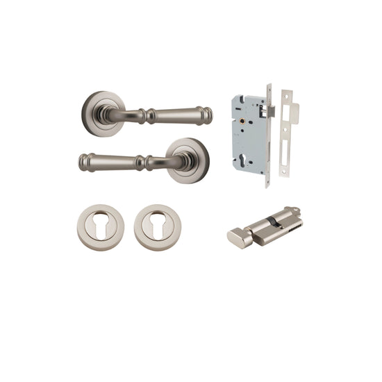 Door Lever Verona Round Rose Pair Satin Nickel D52xP59mm Entrance Kit, Mortice Lock Euro Satin Nickel CTC85mm Backset 60mm, Euro Cylinder Key Thumb 6 Pin Satin Nickel L70mm KA1, Escutcheon Euro Concealed Fix Round Pair Satin Nickel D52xP10mm in Satin Nick