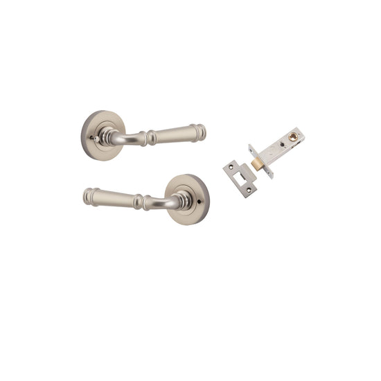 Door Lever Verona Round Rose Inbuilt Privacy Pair Satin Nickel D58xP59mm with Tube Latch Privacy with Faceplate & T Striker Backset 60mm in Satin Nickel