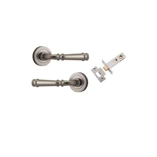 Door Lever Verona Round Rose Pair Satin Nickel D52xP59mm Passage Kit, Tube Latch Split Cam 'T' Striker Satin Nickel Backset 60mm in Satin Nickel