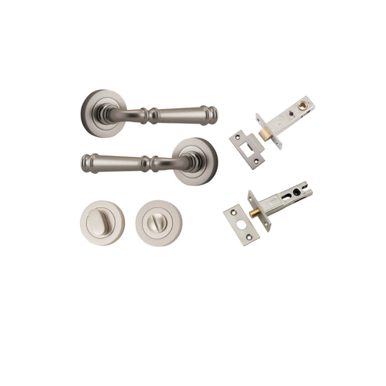 Door Lever Verona Round Rose Pair Satin Nickel D52xP59mm Privacy Kit, Tube Latch Split Cam 'T' Striker Satin Nickel Backset 60mm, Privacy Bolt Round Bolt Satin Nickel Backset 60mm, Privacy Turn Oval Concealed Fix Round Satin Nickel D52xP23mm in Satin Nick