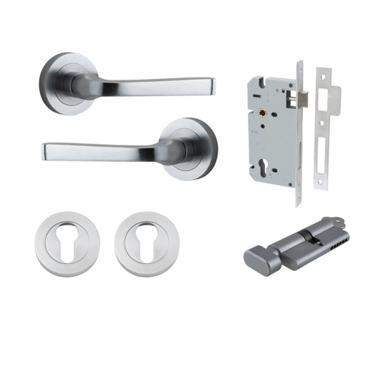 Door Lever Annecy Round Rose Pair Brushed Chrome D52xP65mm Entrance Kit, Mortice Lock Euro Brushed Chrome CTC85mm Backset 60mm, Euro Cylinder Key Thumb 6 Pin Brushed Chrome L70mm KA1, Escutcheon Euro Concealed Fix Round Pair Brushed Chrome D52xP10mm in Br