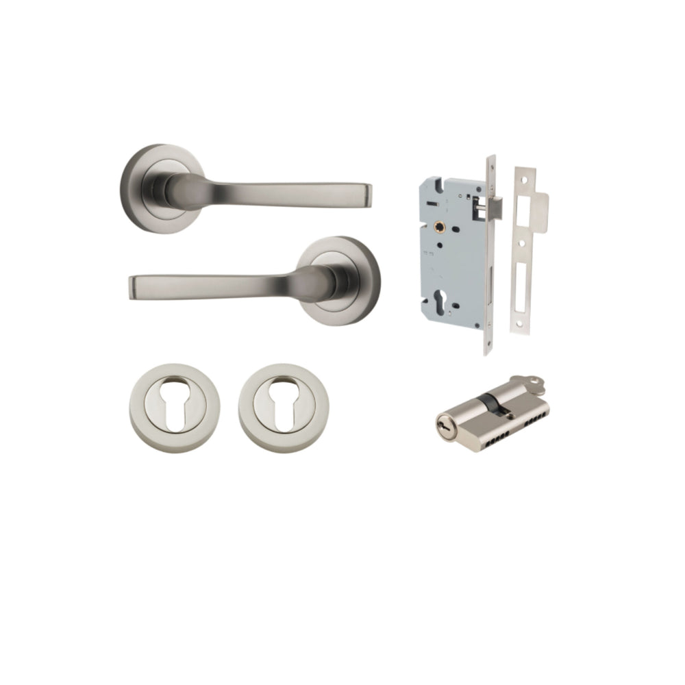 Door Lever Annecy Round Rose Pair Satin Nickel D52xP65mm Entrance Kit, Mortice Lock Euro Satin Nickel CTC85mm Backset 60mm, Euro Cylinder Dual Function 5 Pin Satin Nickel L65mm KA1, Escutcheon Euro Concealed Fix Round Pair Satin Nickel D52xP10mm in Satin