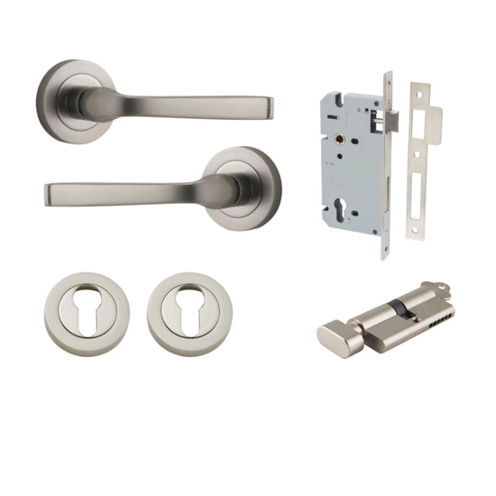 Door Lever Annecy Round Rose Pair Satin Nickel D52xP65mm Entrance Kit, Mortice Lock Euro Satin Nickel CTC85mm Backset 60mm, Euro Cylinder Key Thumb 6 Pin Satin Nickel L70mm KA1, Escutcheon Euro Concealed Fix Round Pair Satin Nickel D52xP10mm in Satin Nick