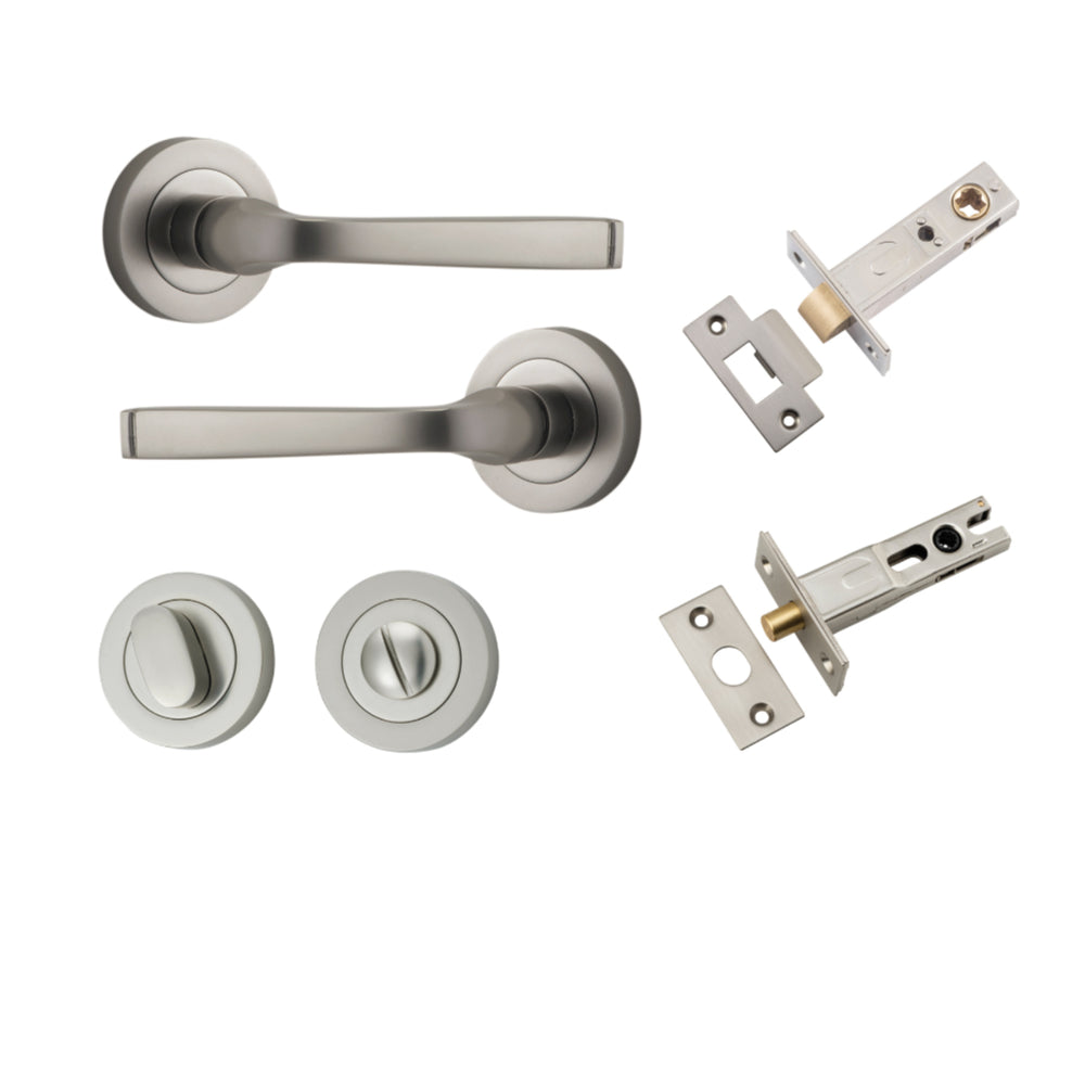 Door Lever Annecy Round Rose Pair Satin Nickel D52xP65mm Privacy Kit, Tube Latch Split Cam 'T' Striker Satin Nickel Backset 60mm, Privacy Bolt Round Bolt Satin Nickel Backset 60mm, Privacy Turn Oval Concealed Fix Round Satin Nickel D52xP23mm in Satin Nick