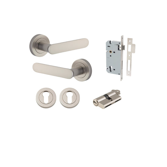 Door Lever Bronte Rose Round Pair Satin Nickel L117xP56mm BPD52mm, Mortice Lock Euro Satin Nickel CTC85mm Backset 60mm, Euro Cylinder Dual Function 5 Pin Satin Nickel 65mm KA4, Escutcheon Euro Concealed Fix Round Pair Satin Nickel D52xP10mm in Satin Nicke