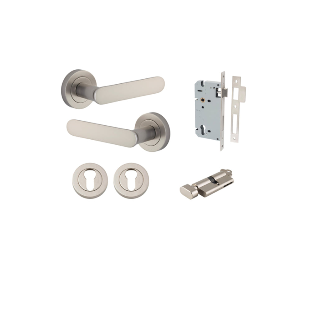 Door Lever Bronte Rose Round Pair Satin Nickel L117xP56mm BPD52mm, Mortice Lock Euro Satin Nickel CTC85mm Backset 60mm, Euro Cylinder Key Thumb 5 Pin Satin Nickel 65mm KA4, Escutcheon Euro Concealed Fix Round Pair Satin Nickel D52xP10mm in Satin Nickel