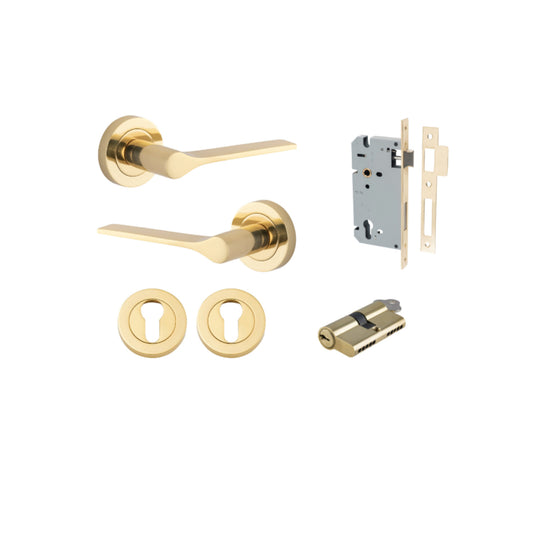 Door Lever Como Rose Round Pair Polished Brass L119xP62mm BPD52mm, Mortice Lock Euro Polished Brass CTC85mm Backset 60mm, Euro Cylinder Dual Function 5 Pin Polished Brass 65mm KA4, Escutcheon Euro Concealed Fix Round Pair Polished Brass D52xP10mm in Polis