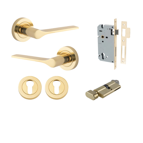 Door Lever Como Rose Round Pair Polished Brass L119xP62mm BPD52mm, Mortice Lock Euro Polished Brass CTC85mm Backset 60mm, Euro Cylinder Key Thumb 5 Pin Polished Brass 65mm KA4, Escutcheon Euro Concealed Fix Round Pair Polished Brass D52xP10mm in Polished