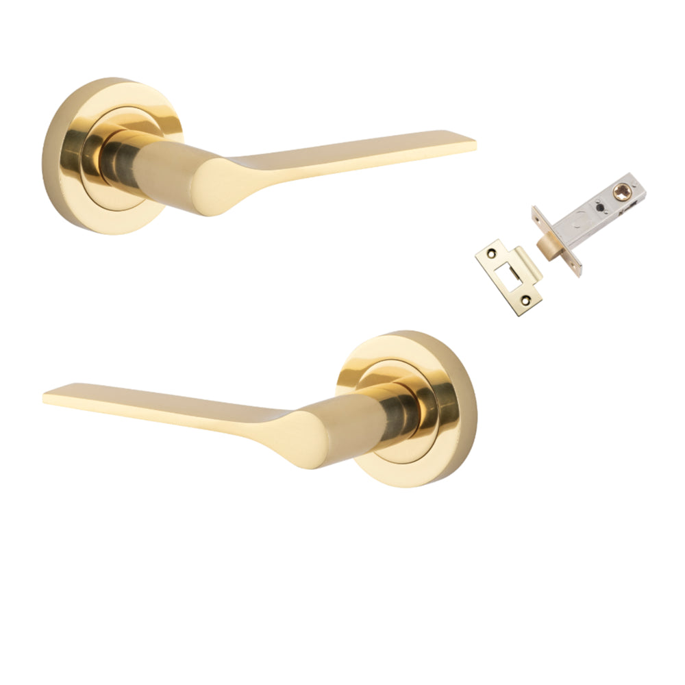 Door Lever Como Rose Round Polished Brass L119xP62mm BPD52mm Passage Kit, Tube Latch Split Cam 'T' Striker Polished Brass Backset 60mm in Polished Brass