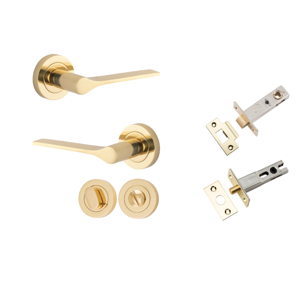 Door Lever Como Rose Round Polished Brass L119xP62mm BPD52mm Privacy Kit, Tube Latch Split Cam 'T' Striker Polished Brass Backset 60mm, Privacy Bolt Round Bolt Polished Brass Backset 60mm, Privacy Turn Oval Concealed Fix Round D52xP23mm in Polished Brass