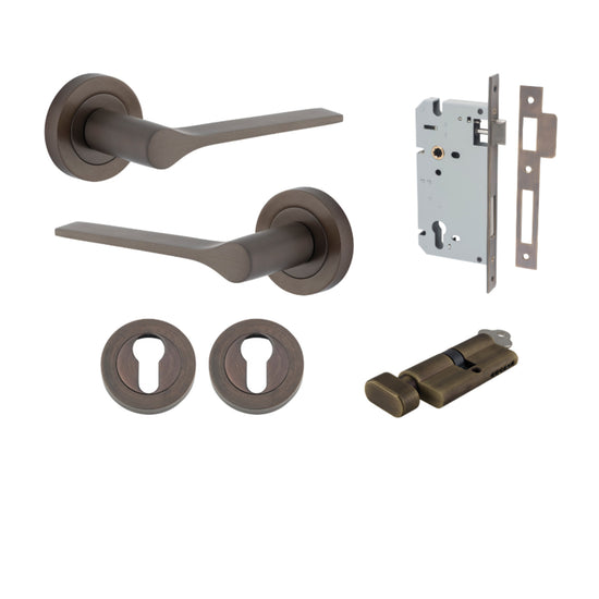 Door Lever Como Rose Round Pair Signature Brass L119xP62mm BPD52mm, Mortice Lock Euro Signature Brass CTC85mm Backset 60mm, Euro Cylinder Key Thumb 5 Pin Signature Brass 65mm KA4, Escutcheon Euro Concealed Fix Round Pair Signature Brass D52xP10mm in Signa