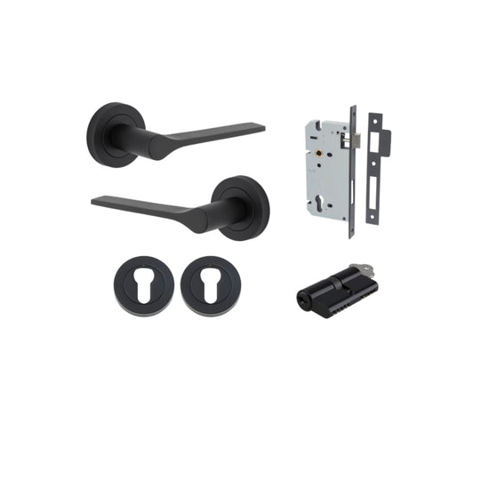 Door Lever Como Rose Round Pair Matt Black L119xP62mm BPD52mm, Mortice Lock Euro Matt Black CTC85mm Backset 60mm, Euro Cylinder Dual Function 5 Pin Matt Black 65mm KA4, Escutcheon Euro Concealed Fix Round Pair Matt Black D52xP10mm in Matt Black