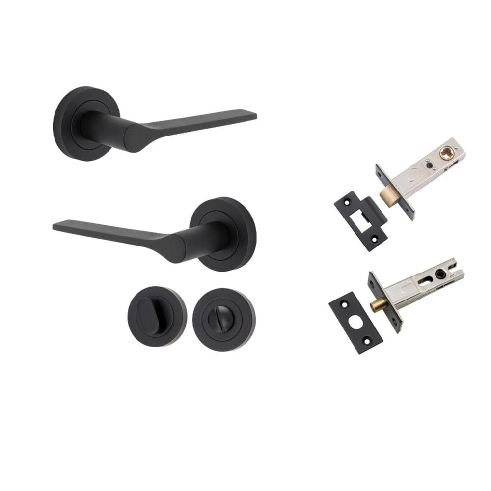 Door Lever Como Rose Round Matt Black L119xP62mm BPD52mm Privacy Kit, Tube Latch Split Cam 'T' Striker Matt Black Backset 60mm, Privacy Bolt Round Bolt Matt Black Backset 60mm, Privacy Turn Oval Concealed Fix Round Matt Black D52xP23mm in Matt Black