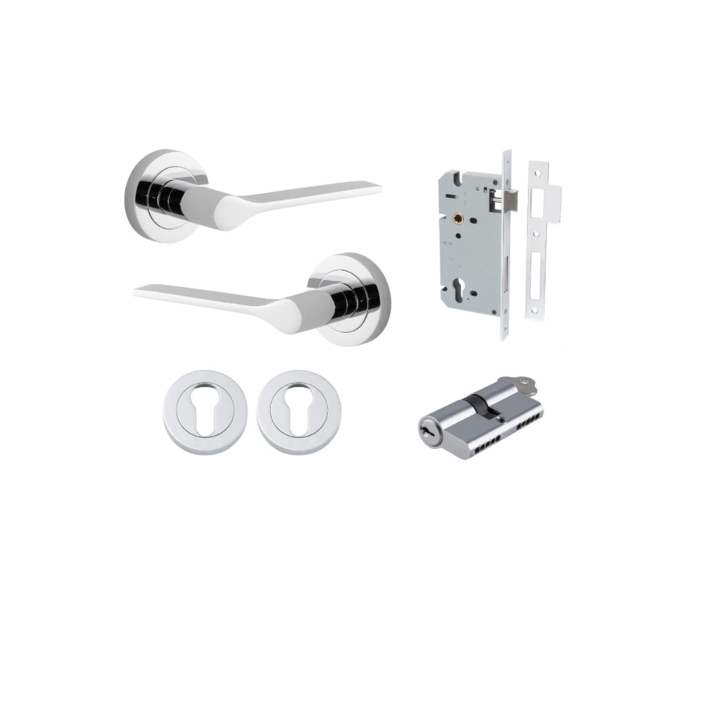 Door Lever Como Rose Round Pair Polished Chrome L119xP62mm BPD52mm, Mortice Lock Euro Polished Chrome CTC85mm Backset 60mm, Euro Cylinder Dual Function 5 Pin Polished Chrome 65mm KA4, Escutcheon Euro Concealed Fix Round Pair Polished Chrome D52xP10mm in P