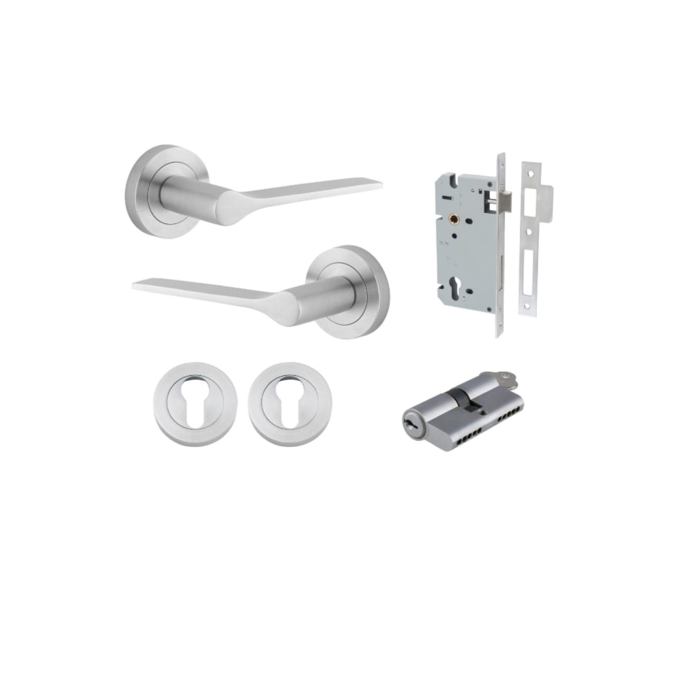 Door Lever Como Rose Round Pair Brushed Chrome L119xP62mm BPD52mm, Mortice Lock Euro Brushed Chrome CTC85mm Backset 60mm, Euro Cylinder Dual Function 5 Pin Brushed Chrome 65mm KA4, Escutcheon Euro Concealed Fix Round Pair Brushed Chrome D52xP10mm in Brush