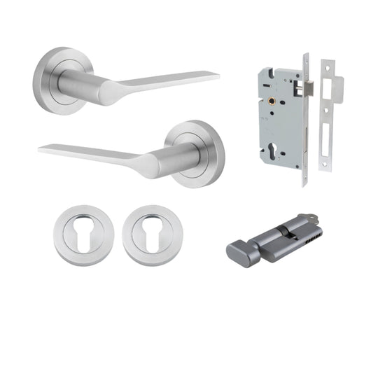 Door Lever Como Rose Round Pair Brushed Chrome L119xP62mm BPD52mm, Mortice Lock Euro Brushed Chrome CTC85mm Backset 60mm, Euro Cylinder Key Thumb 5 Pin Brushed Chrome 65mm KA4, Escutcheon Euro Concealed Fix Round Pair Brushed Chrome D52xP10mm in Brushed C