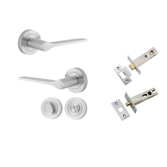 Door Lever Como Rose Round Brushed Chrome L119xP62mm BPD52mm Privacy Kit, Tube Latch Split Cam 'T' Striker Brushed Chrome Backset 60mm, Privacy Bolt Round Bolt Brushed Chrome Backset 60mm, Privacy Turn Oval Concealed Fix Round D52xP23mm in Brushed Chrome