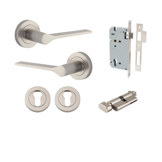 Door Lever Como Rose Round Pair Satin Nickel L119xP62mm BPD52mm, Mortice Lock Euro Satin Nickel CTC85mm Backset 60mm, Euro Cylinder Key Thumb 5 Pin Satin Nickel 65mm KA4, Escutcheon Euro Concealed Fix Round Pair Satin Nickel D52xP10mm in Satin Nickel