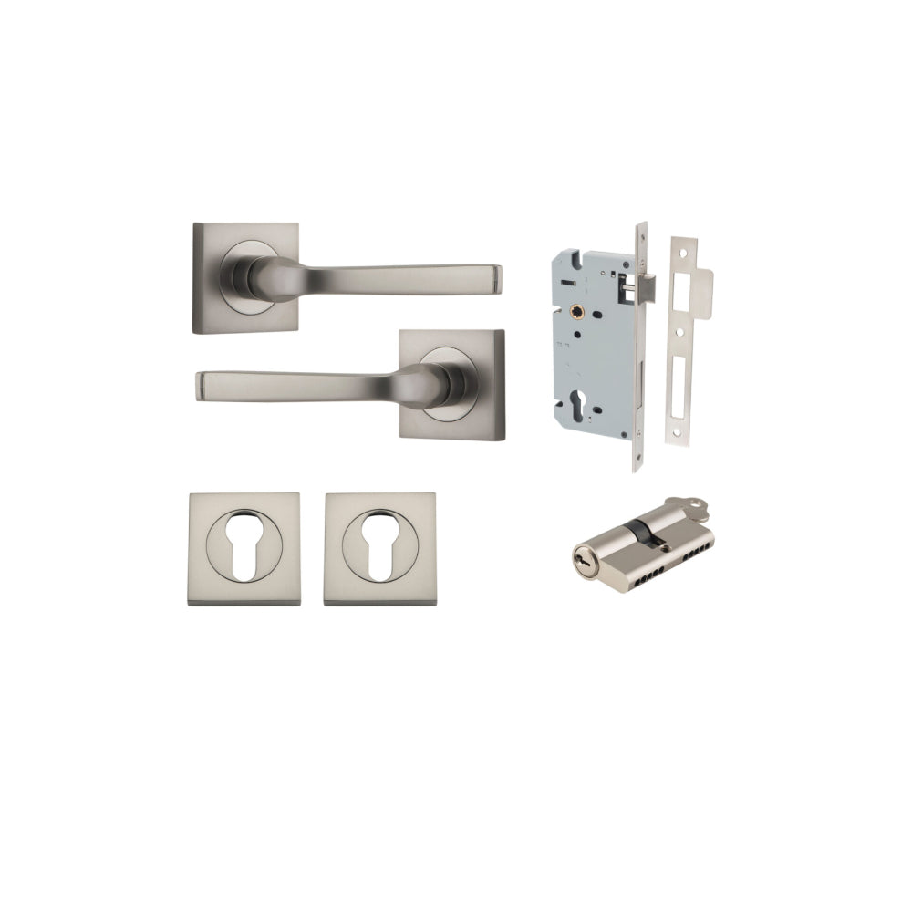 Door Lever Annecy Square Rose Pair Satin Nickel H52xW52xP65mm Entrance Kit, Mortice Lock Euro Satin Nickel CTC85mm Backset 60mm, Euro Cylinder Dual Function 5 Pin Satin Nickel L65mm KA1, Escutcheon Euro Concealed Fix Square Pair Satin Nickel H52xW… in Sat