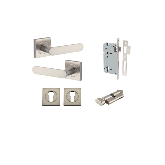 Door Lever Bronte Rose Square Pair Satin Nickel L117xP56mm BPH52xW52mm, Mortice Lock Euro Satin Nickel CTC85mm Backset 60mm, Euro Cylinder Key Thumb 5 Pin Satin Nickel 65mm KA4, Escutcheon Euro Concealed Fix Square Pair Satin Nickel H52xW52xP10mm in Satin