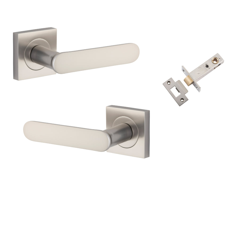 Door Lever Bronte Rose Square Satin Nickel L117xP56mm BPH52xW52mm Passage Kit, Tube Latch Split Cam 'T' Striker Satin Nickel Backset 60mm in Satin Nickel