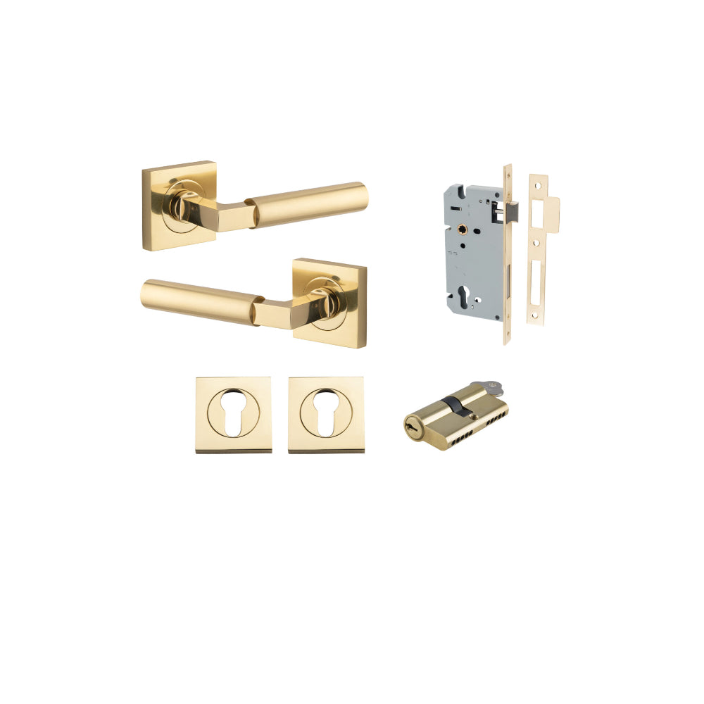 Door Lever Berlin Rose Square Pair Polished Brass L120xP60mm BPH52xW52mm, Mortice Lock Euro Polished Brass CTC85mm Backset 60mm, Euro Cylinder Dual Function 5 Pin Polished Brass 65mm KA4, Escutcheon Euro Concealed Fix Square Pair H52xW52xP10mm in Polished