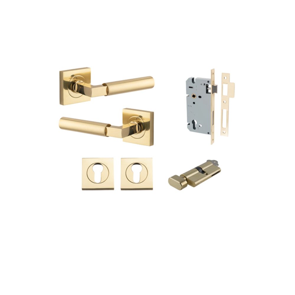 Door Lever Berlin Rose Square Pair Polished Brass L120xP60mm BPH52xW52mm, Mortice Lock Euro Polished Brass CTC85mm Backset 60mm, Euro Cylinder Key Thumb 5 Pin Polished Brass 65mm KA4, Escutcheon Euro Concealed Fix Square Pair H52xW52xP10mm in Polished Bra