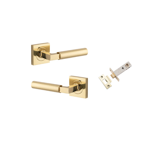 Door Lever Berlin Rose Square Polished Brass L120xP60mm BPH52xW52mm Passage Kit, Tube Latch Split Cam 'T' Striker Polished Brass Backset 60mm in Polished Brass