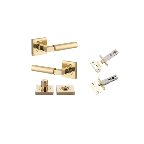 Door Lever Berlin Rose Square Polished Brass L120xP60mm BPH52xW52mm Privacy Kit, Tube Latch Split Cam 'T' Striker Polished Brass Backset 60mm, Privacy Bolt Round Bolt Polished Brass Backset 60mm, Privacy Turn Berlin Concealed Fix Square D52xP35mm in Polis