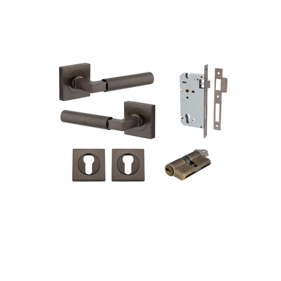 Door Lever Berlin Rose Square Pair Signature Brass L120xP60mm BPH52xW52mm, Mortice Lock Euro Signature Brass CTC85mm Backset 60mm, Euro Cylinder Dual Function 5 Pin Signature Brass 65mm KA4, Escutcheon Euro Concealed Fix Square Pair H52xW52xP10mm in Signa